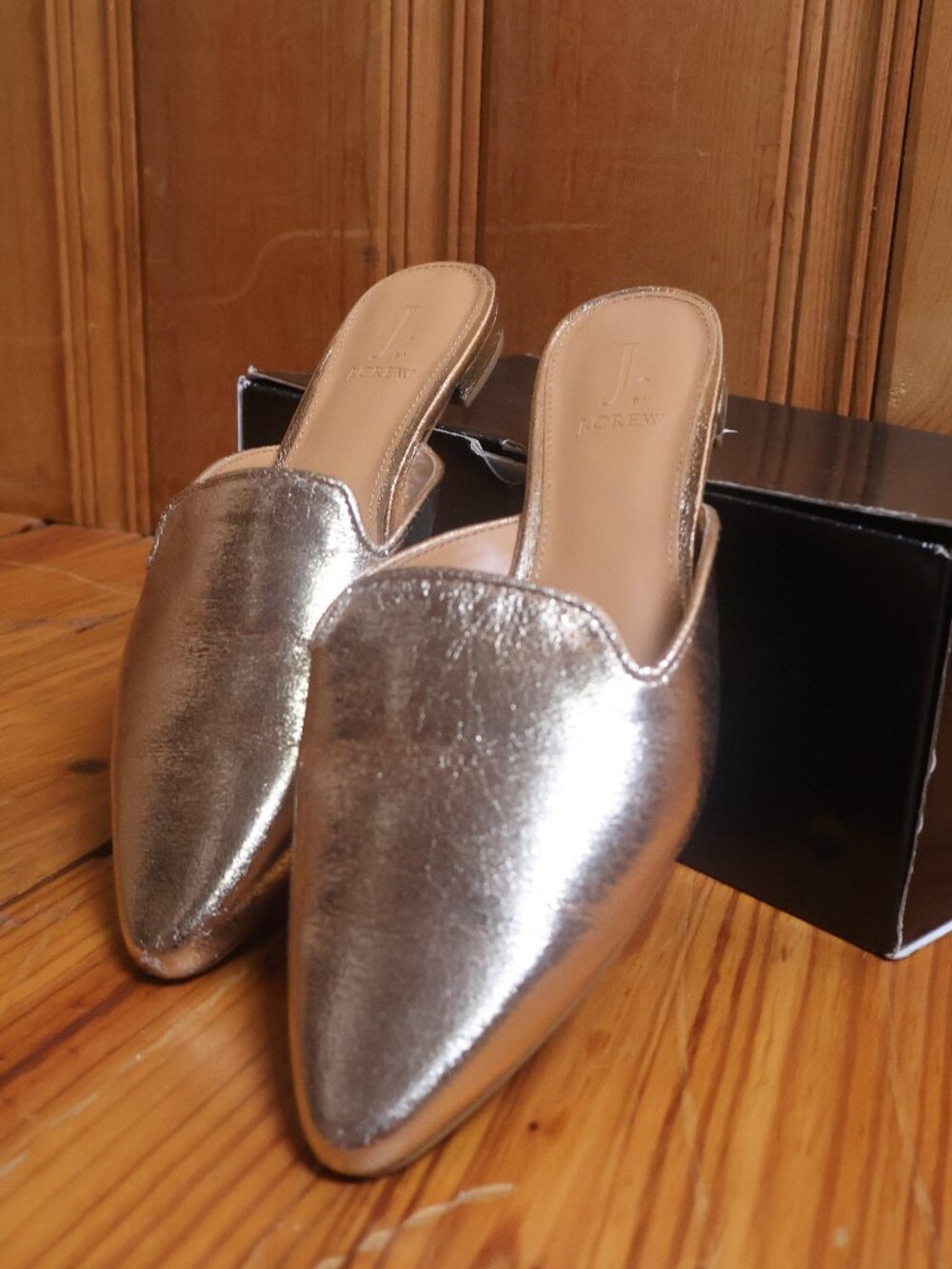 J.Crew Gold Painted Leather Pointed Toe Mules Size 8.5
